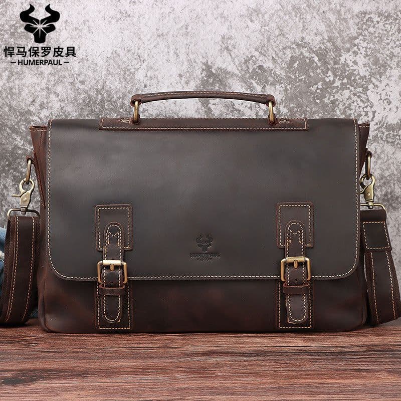 image-leather top layer cowhide shoulder bag messenger bag retro portable briefcase