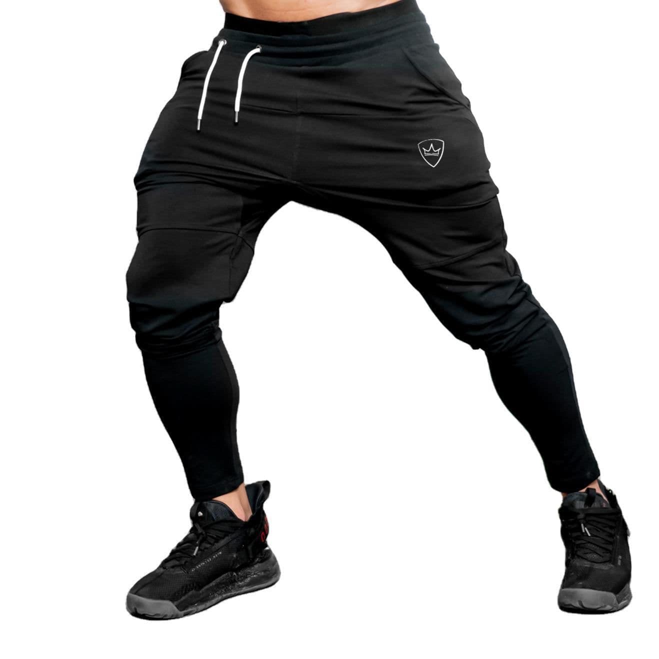 image-Men's Slim Fit Workout Pants - Black/Gray, Low Waist, M-XXL