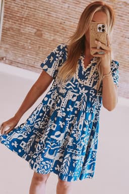 image-Blue Ricrac Trim Split Neck Floral Loose Dress
