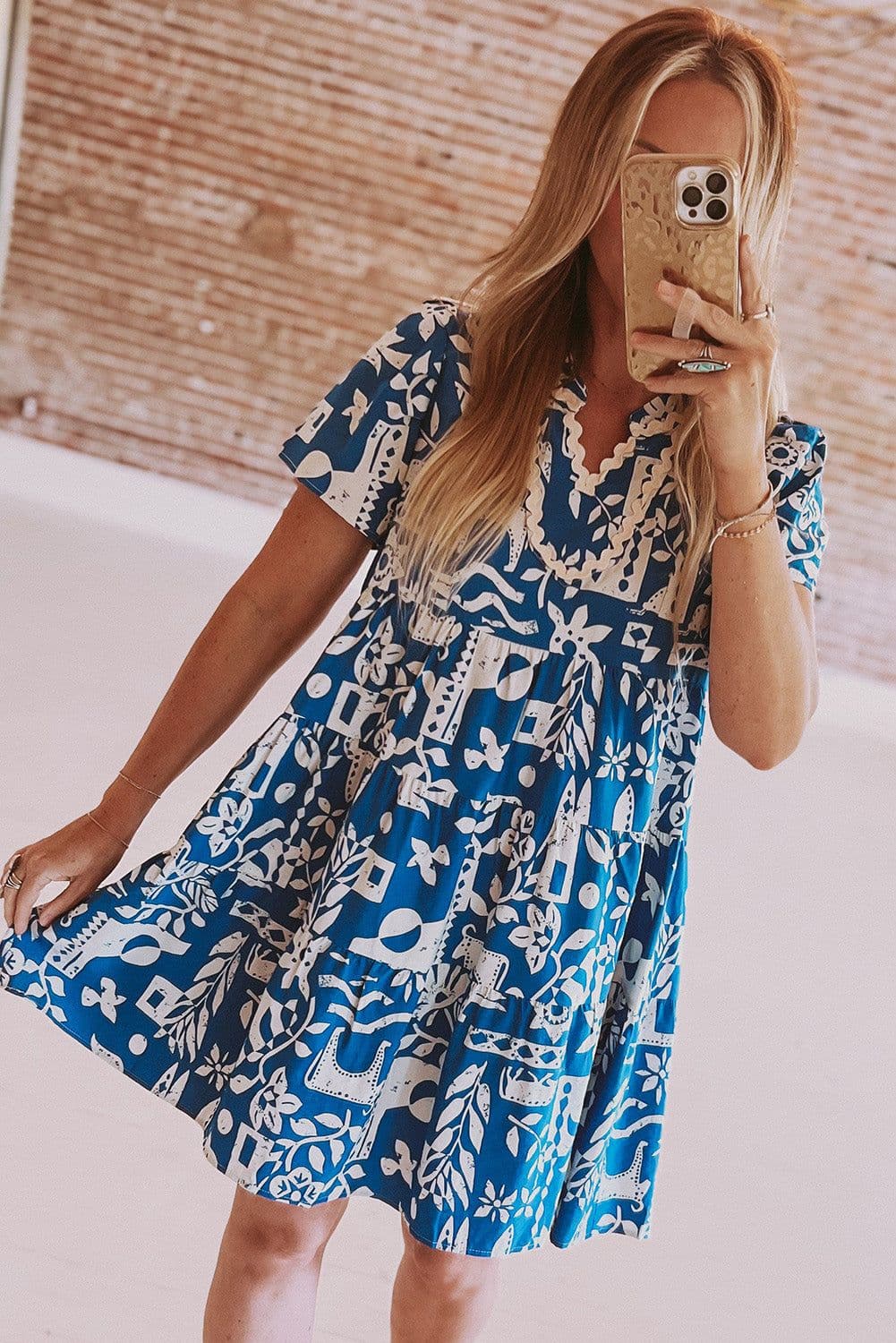 image-Blue Ricrac Trim Split Neck Floral Loose Dress