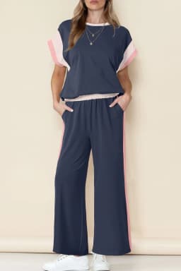 image-Navy Blue Color Block Detail Casual Two-piece Set
