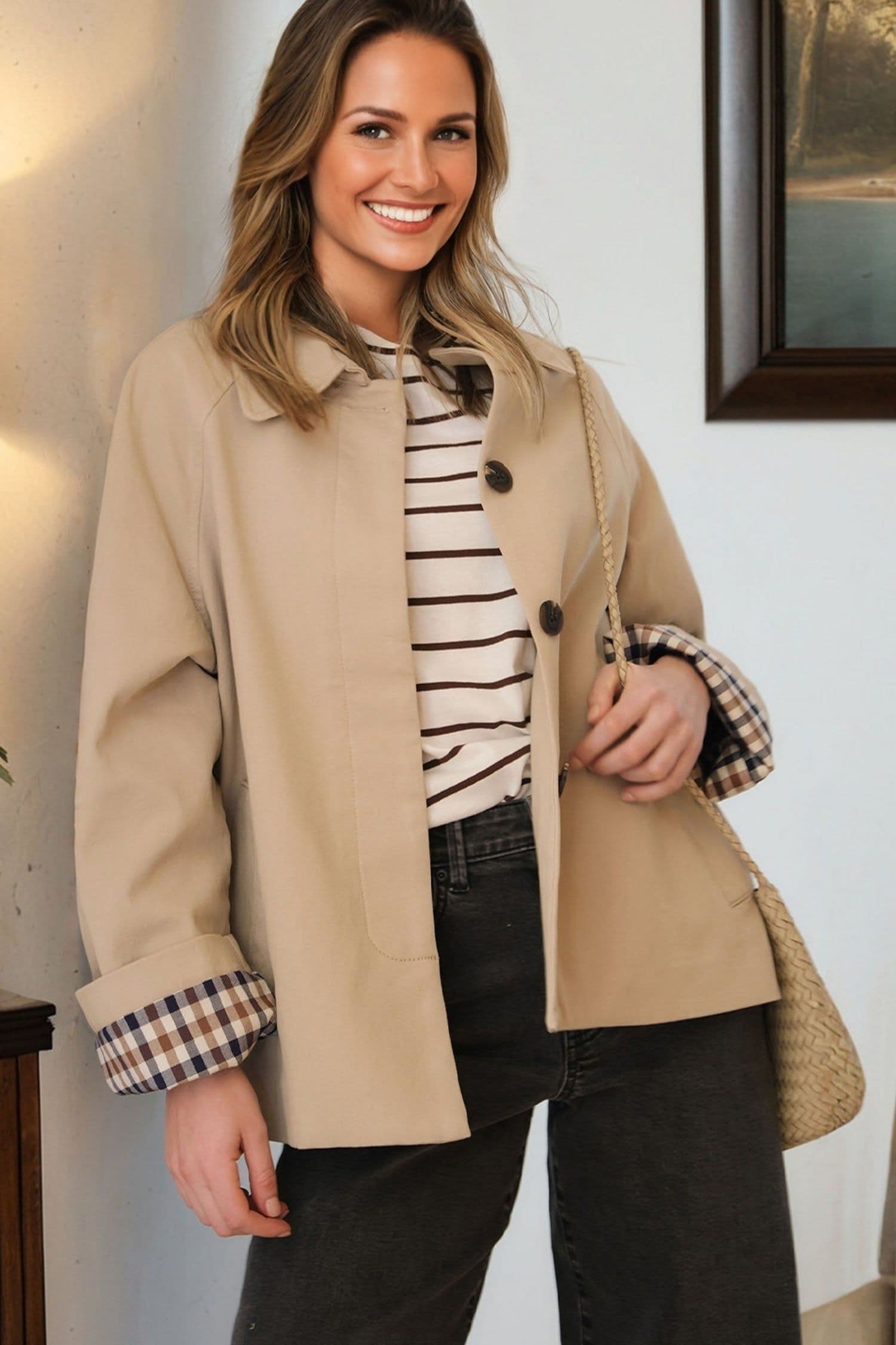 image-Parchment Plaid Liner Patchwork Single Breasted Trench Coat