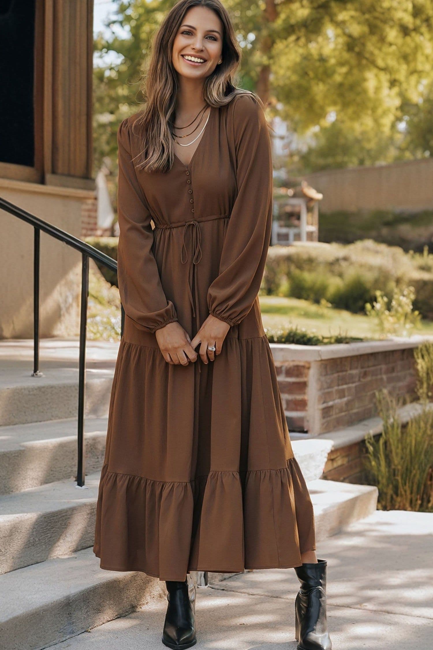 image-Burgundy Solid Long Sleeve Button V Neck Tiered Maxi Dress