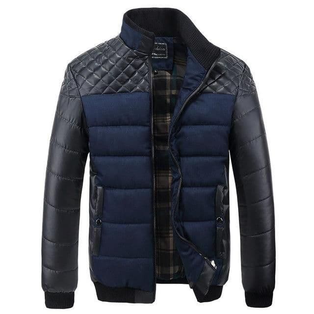 image-Winter Fashion Men's Jackets and Coats Outerwear 4XL PU Patchwork Stitching Self-cultivation Collar