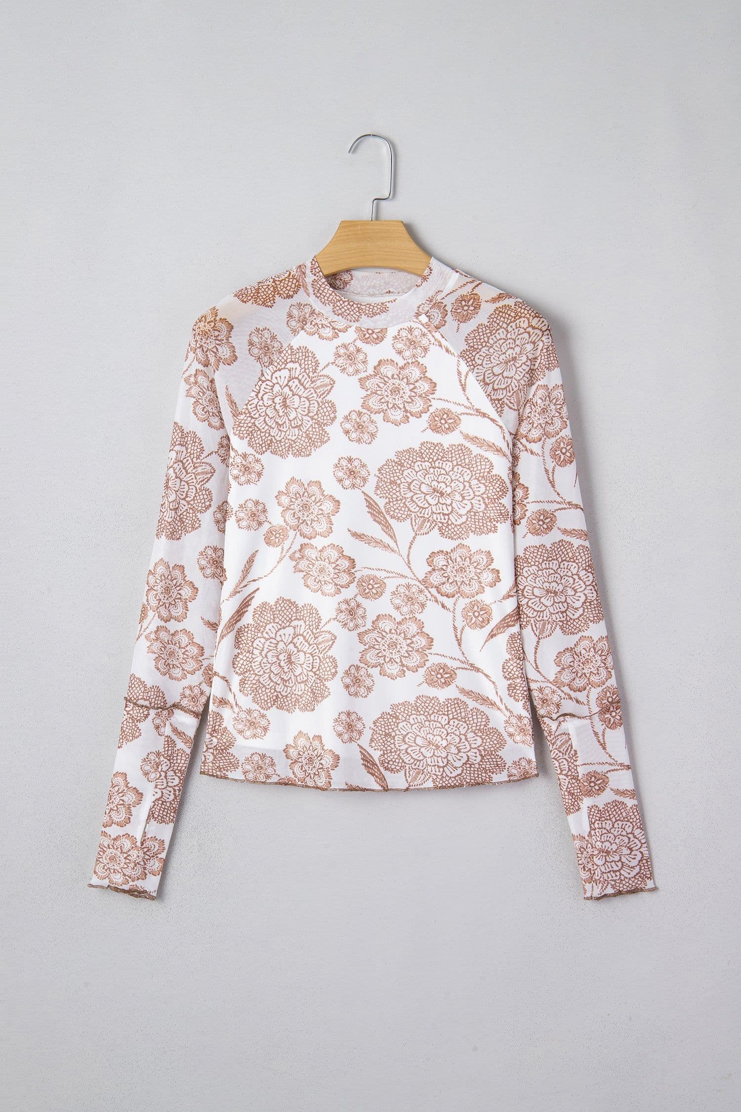 image-Black Thumbhole Long Sleeve Floral Print Mesh Top
