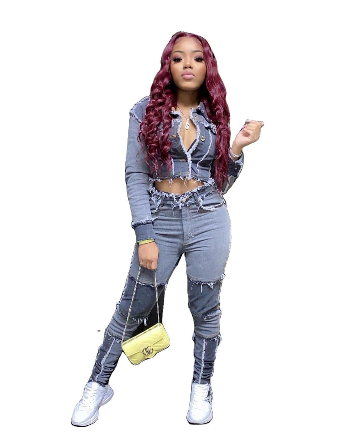 image-2020 European and American cross-border new Amazon trendy fashion stitching high waist tight-fitting flared women's denim trousers