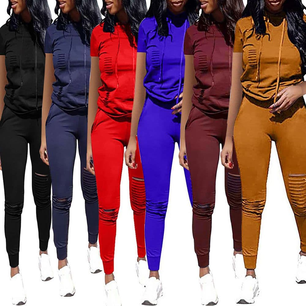 image-2022wish Europe and the United States new summer solid color burnt flower hooded sweater short-sleeved suit two-piece set