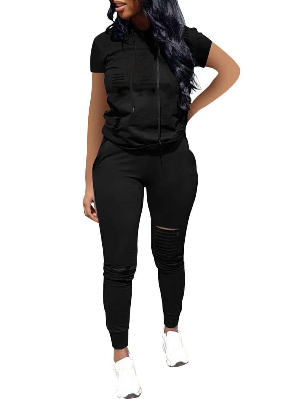 image-2022wish Europe and the United States new summer solid color burnt flower hooded sweater short-sleeved suit two-piece set
