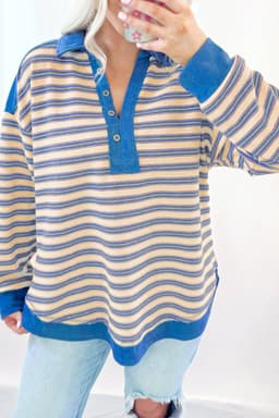 image-Red Stripe V-Neck Collared Button Top - Drop Shoulder