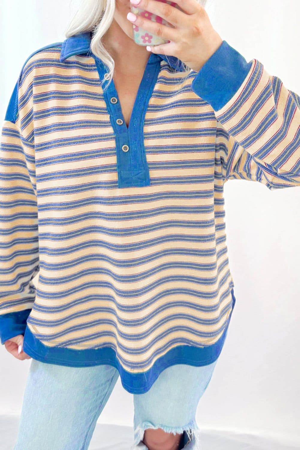 image-Red Stripe V-Neck Collared Button Top - Drop Shoulder
