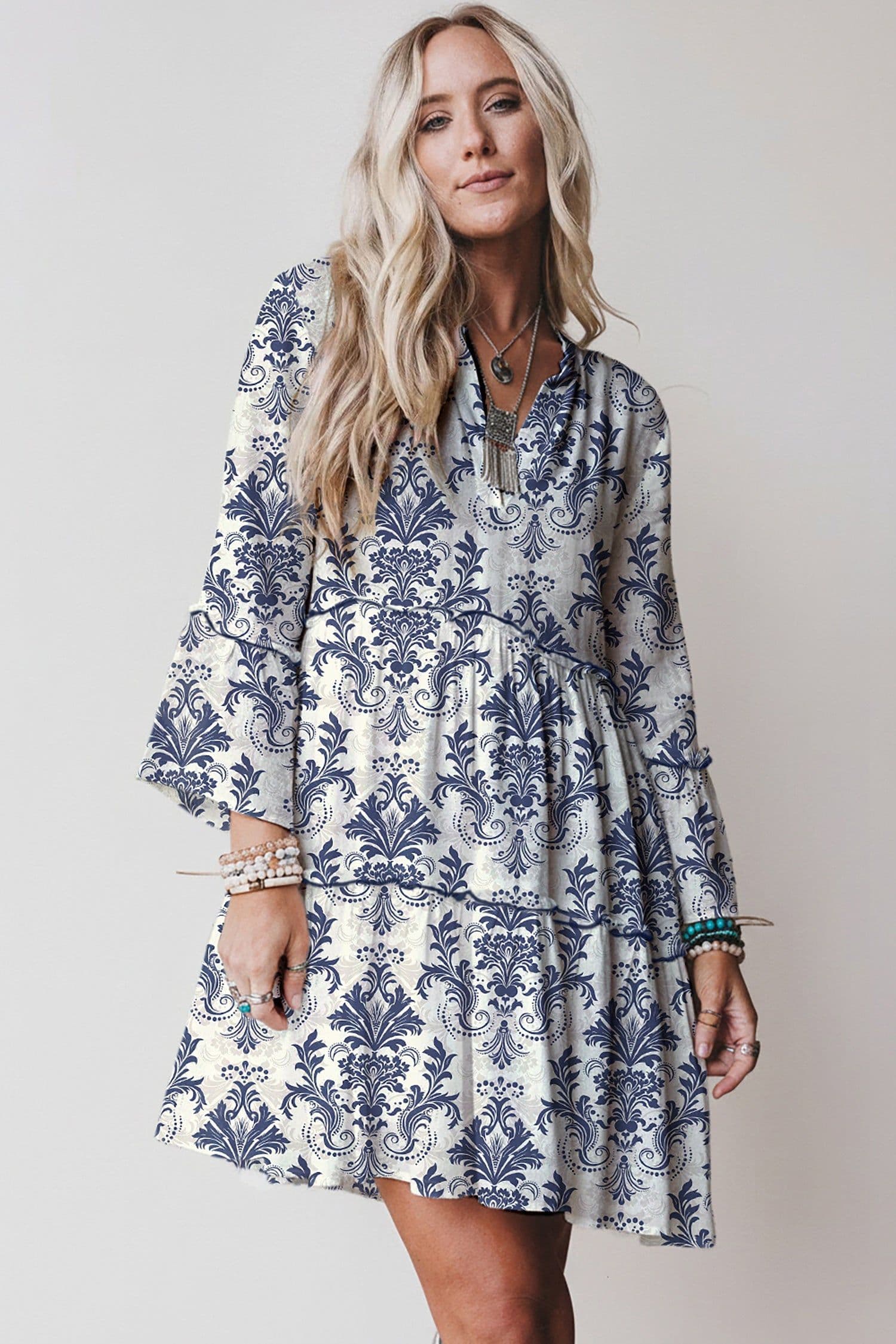 image-Sky Blue Boho Floral Print Mini Dress 3/4 Sleeve