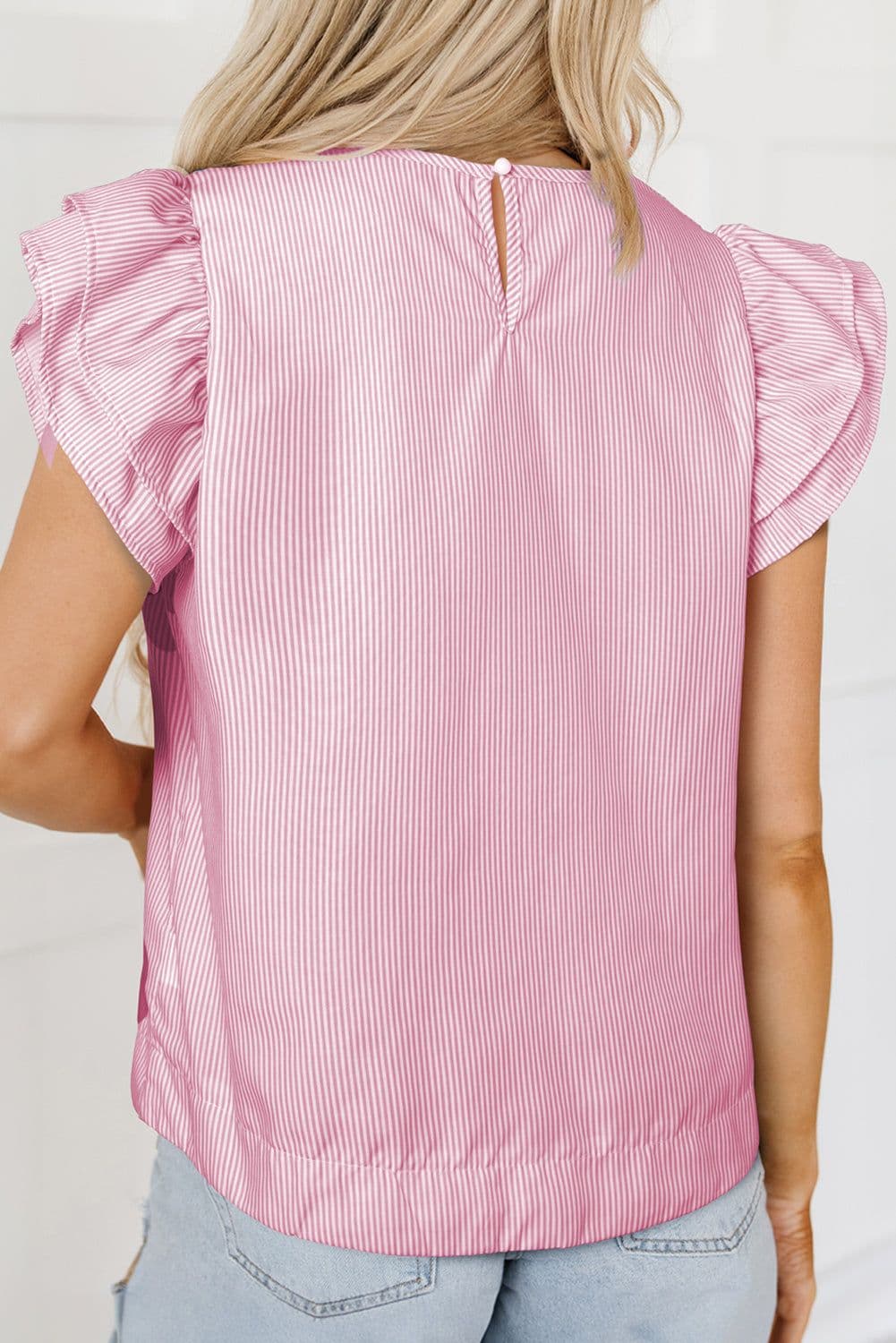 image-Floral Print Ruffled Sleeve Blouse - Pink Pinstripe - Sizes Available
