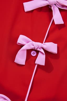 image-Fiery Red Contrast Trim Ribbon Bow Short Silky 2pcs Pajama Set