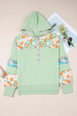 image-Lace Floral Patchwork Half Button Hooded Pullover - Aqua