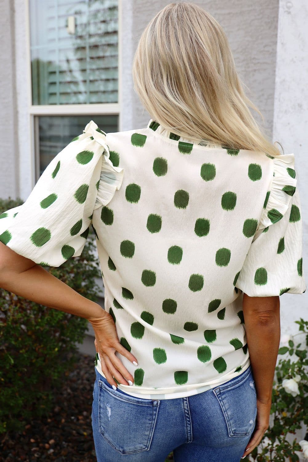 image-Rose Polka Dot Print Shirred Yoke Notched Neck Balloon Sleeve Blouse