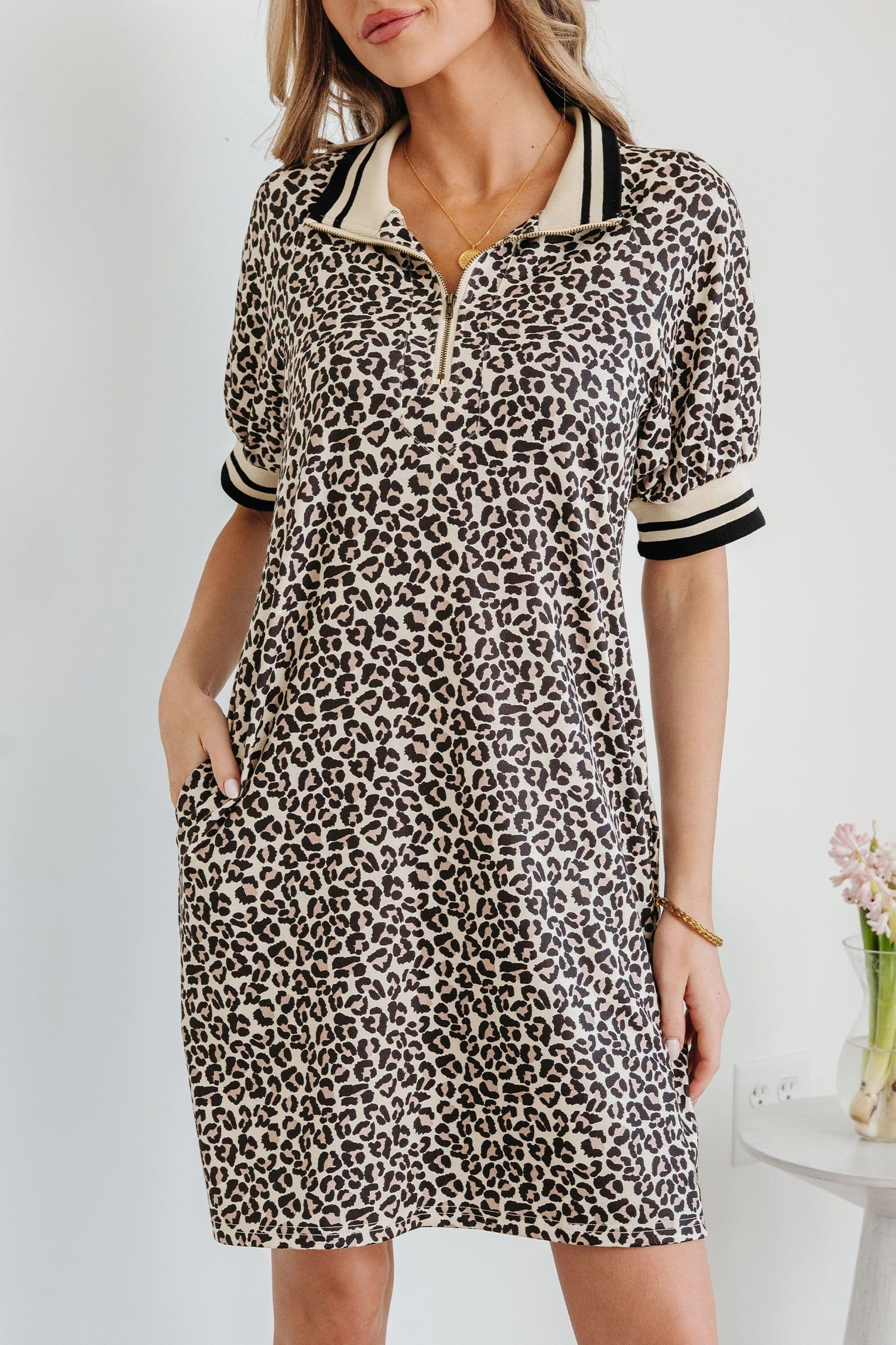 image-Khaki Leopard Print Zip Neck Mini Dress