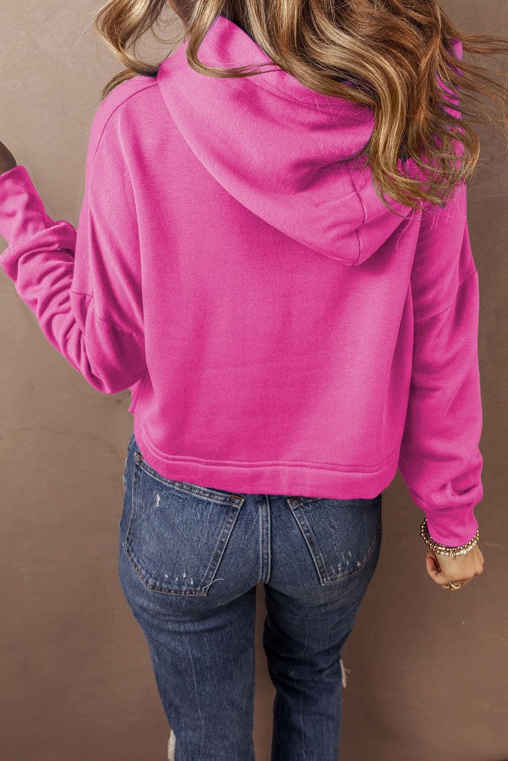 image-Dark Blue Cropped Hoodie Drop Shoulder Drawstring