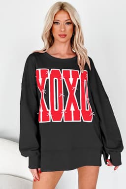 image-Black Bow Sequin XOXO Letter Graphic Exposed Seam Baggy Sweatshirt