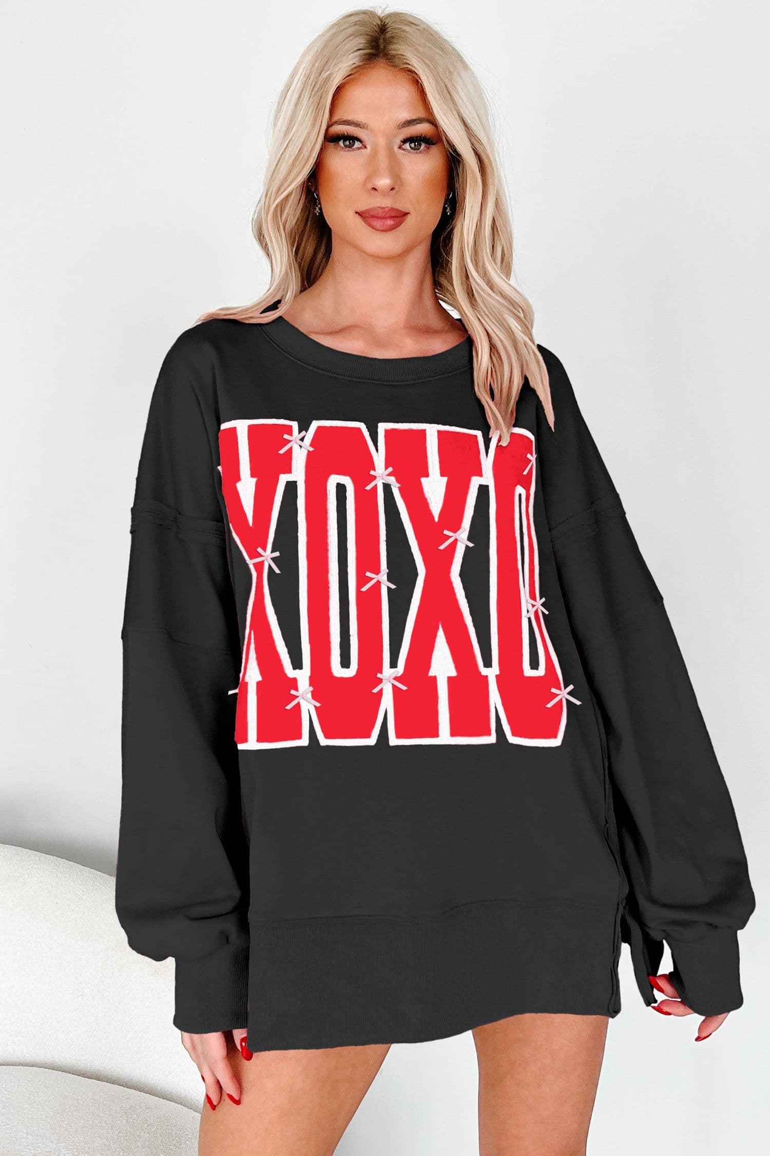 image-Black Bow Sequin XOXO Letter Graphic Exposed Seam Baggy Sweatshirt