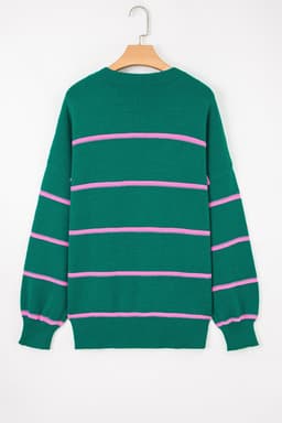 image-Green Stripe Half Button Drop Shoulder Plus Sweater