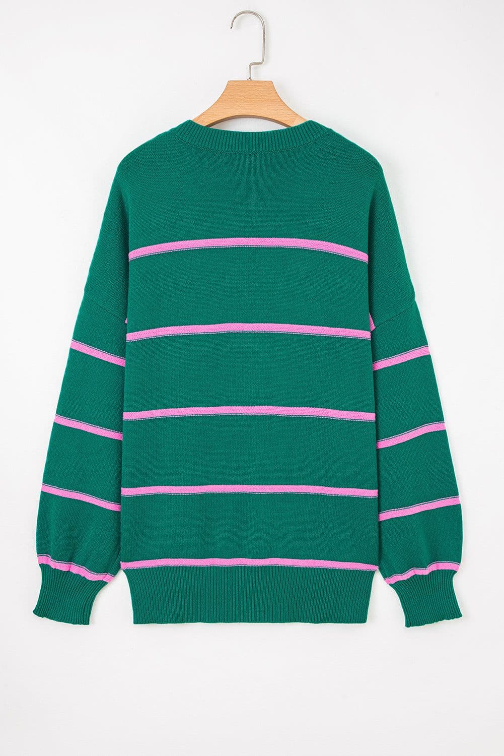 image-Green Stripe Half Button Drop Shoulder Plus Sweater