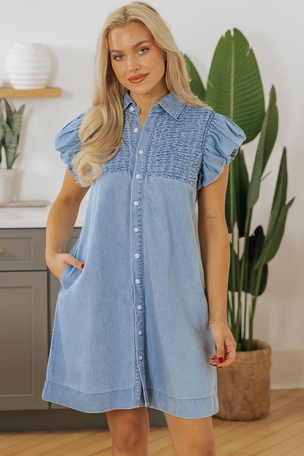 image-Beau Blue Denim Mini Dress with Flutter Sleeves and Shirred Detail