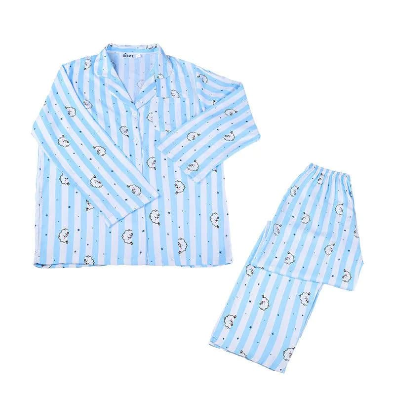 image-BTS pajamas cute cartoon pajamas lapel long-sleeved home wear casual wear suit men and women