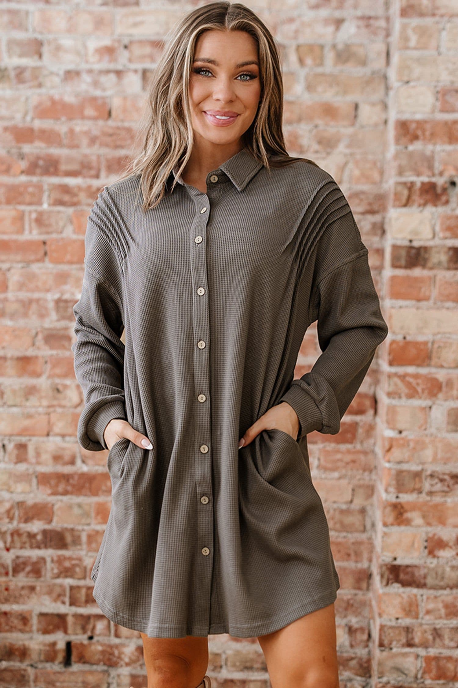 image-Simply Taupe Waffle Knit Tunic Dress