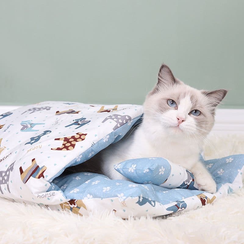 image-Japanese Cat Bed Warm Cat Sleeping Bag Deep Sleep Winter Removable Pet Dog Bed House Cats Nest Cushion with pillow