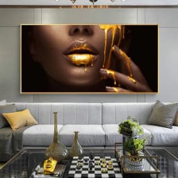 image-Golden lips black gold woman makeup HD print canvas painting foreign trade wholesale sales multi-size customization