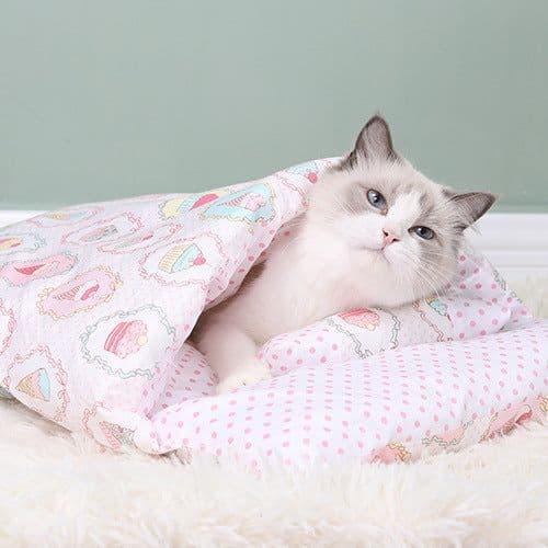 image-Japanese Cat Bed Warm Cat Sleeping Bag Deep Sleep Winter Removable Pet Dog Bed House Cats Nest Cushion with pillow