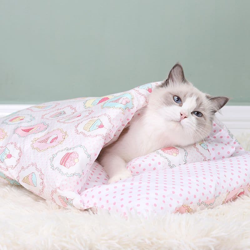 image-Japanese Cat Bed Warm Cat Sleeping Bag Deep Sleep Winter Removable Pet Dog Bed House Cats Nest Cushion with pillow