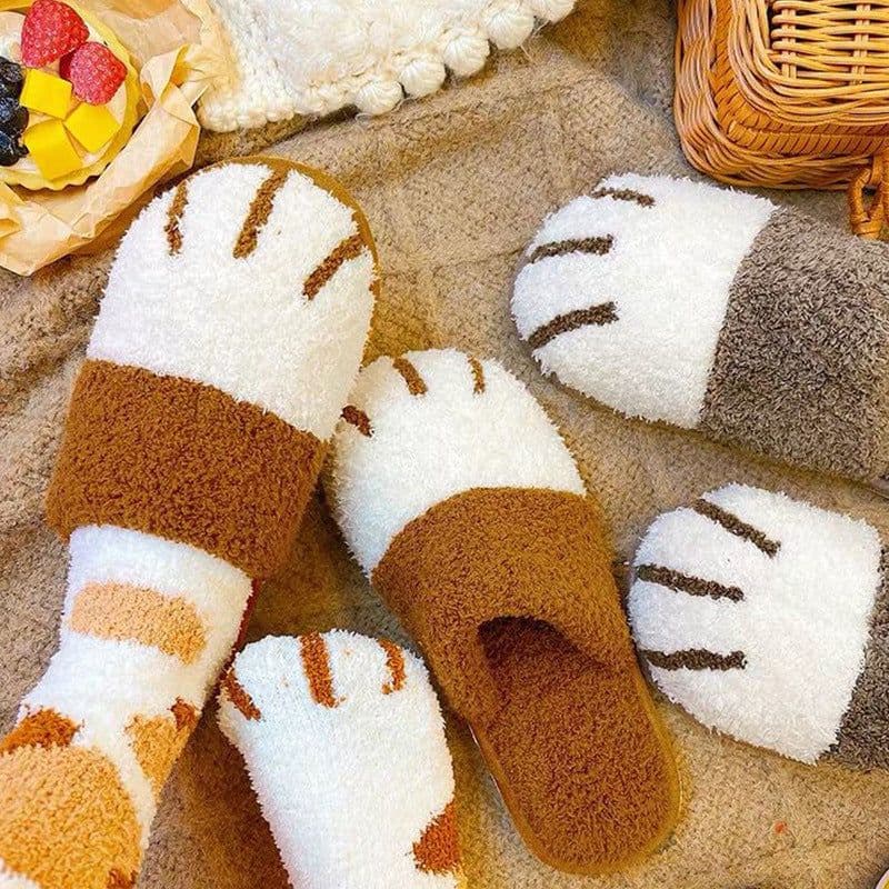 image-Youpu Plush Cat Paw Slippers - Light Gray Unisex 44-45