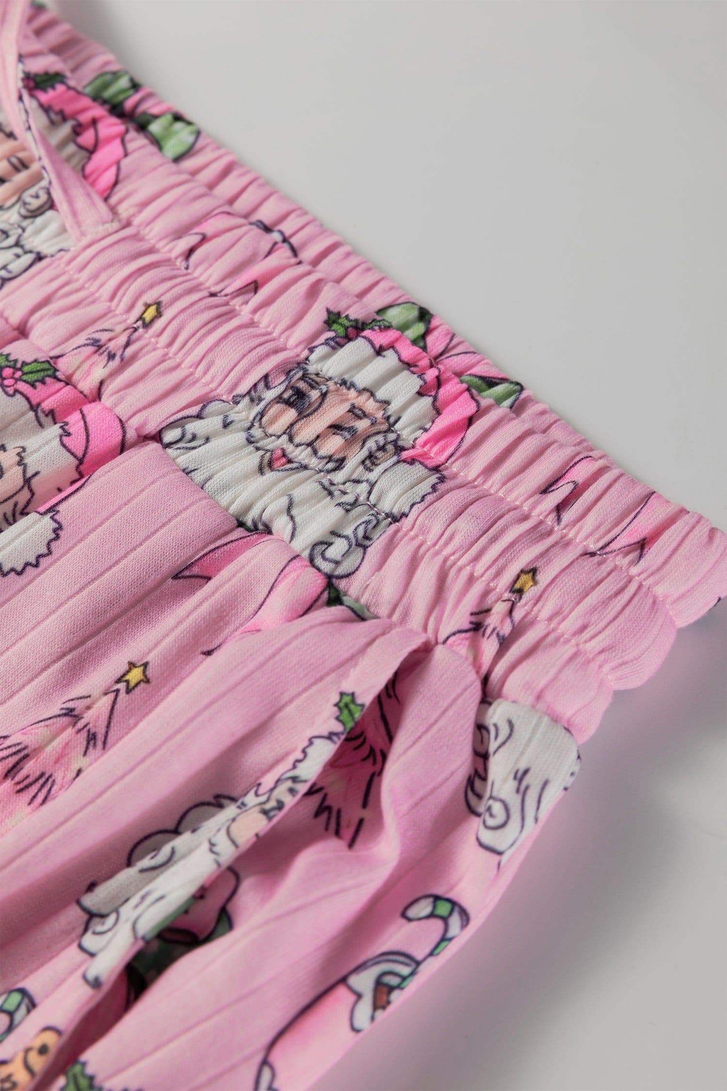 image-Pink Christmas Print Ruffled Ribbed Shirt & Pants 2 Piece PJ Set