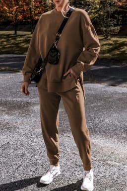 image-Coffee Solid Color High Low Pullover and Skinny Pants Set