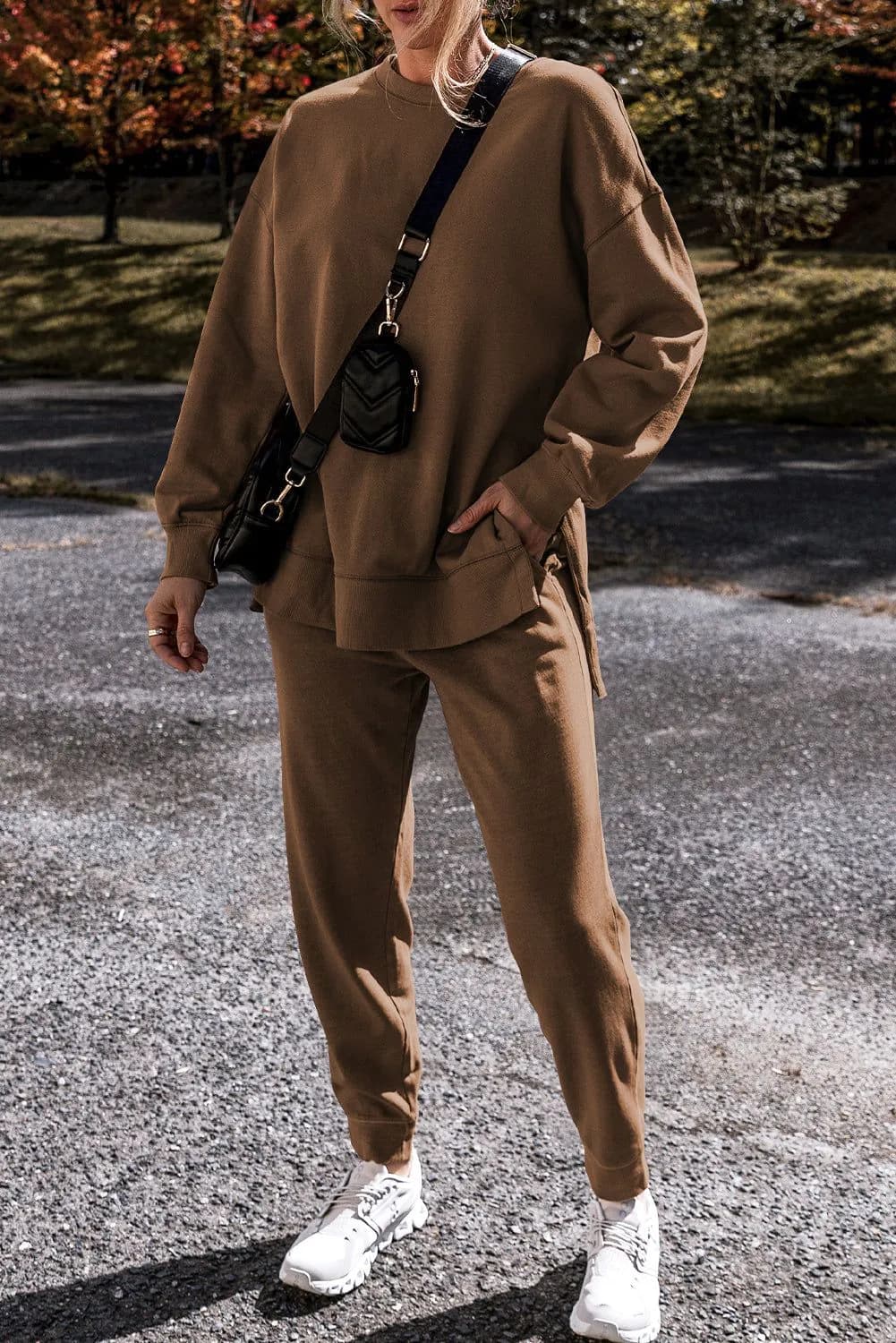 image-Coffee Solid Color High Low Pullover and Skinny Pants Set