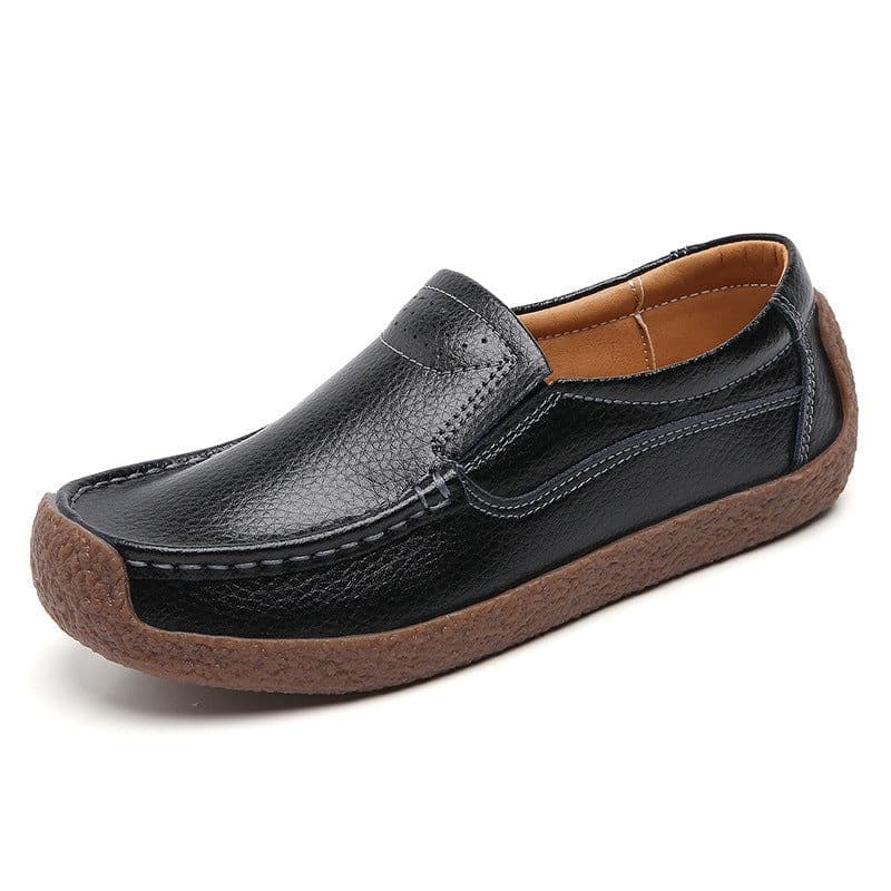 image-Women's Cowhide Loafers, Flat Heel, Casual Bean Shoes, Sizes 35-43, Low Top
