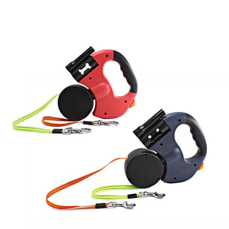 image-Dual Headed Pet Leashes with Flashlight Garbage Bag Box Automatic Retractable Dogs Traction Rope