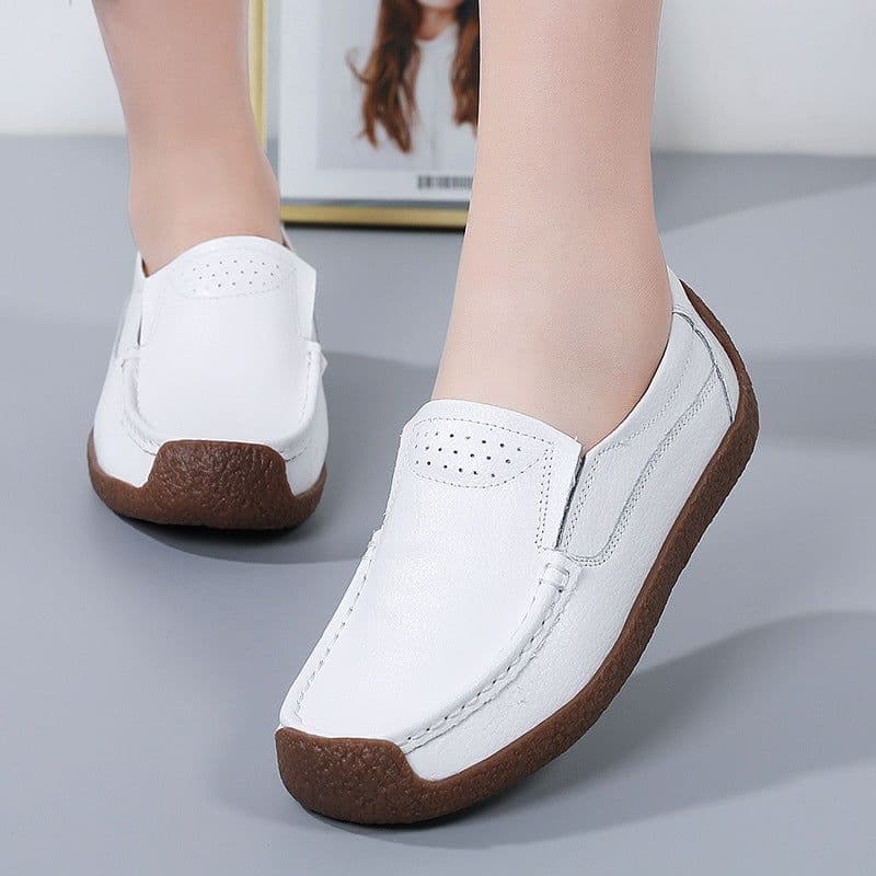 image-Women's Cowhide Loafers, Flat Heel, Casual Bean Shoes, Sizes 35-43, Low Top