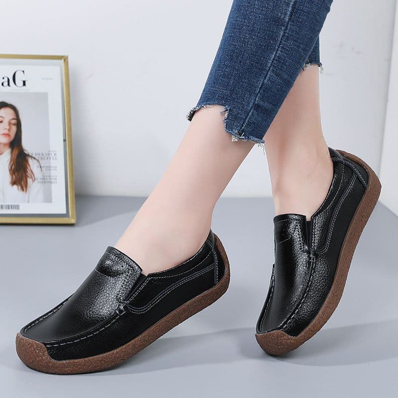 image-Women's Cowhide Loafers, Flat Heel, Casual Bean Shoes, Sizes 35-43, Low Top