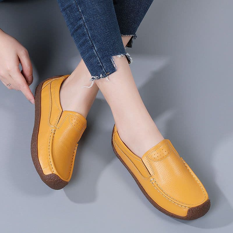 image-Women's Cowhide Loafers, Flat Heel, Casual Bean Shoes, Sizes 35-43, Low Top
