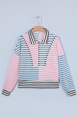 image-Striped Color Block Half Zip Top - Drop Shoulder