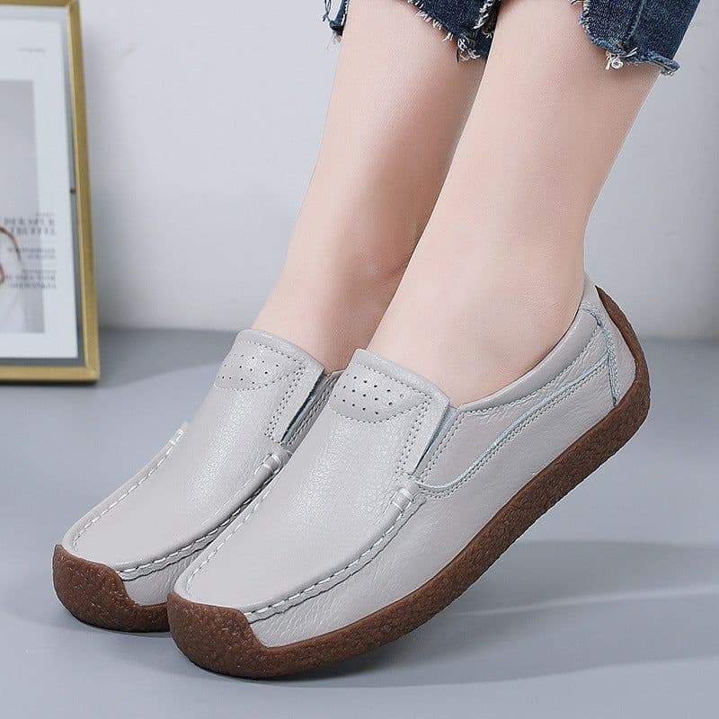 image-Women's Cowhide Loafers, Flat Heel, Casual Bean Shoes, Sizes 35-43, Low Top