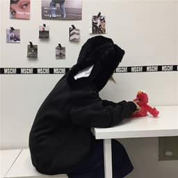 image-Real shot Korean ins kawaii rabbit fur hooded plus velvet loose black sweater