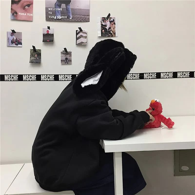 image-Real shot Korean ins kawaii rabbit fur hooded plus velvet loose black sweater