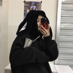 image-Real shot Korean ins kawaii rabbit fur hooded plus velvet loose black sweater