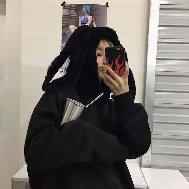 image-Real shot Korean ins kawaii rabbit fur hooded plus velvet loose black sweater