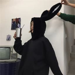 image-Real shot Korean ins kawaii rabbit fur hooded plus velvet loose black sweater