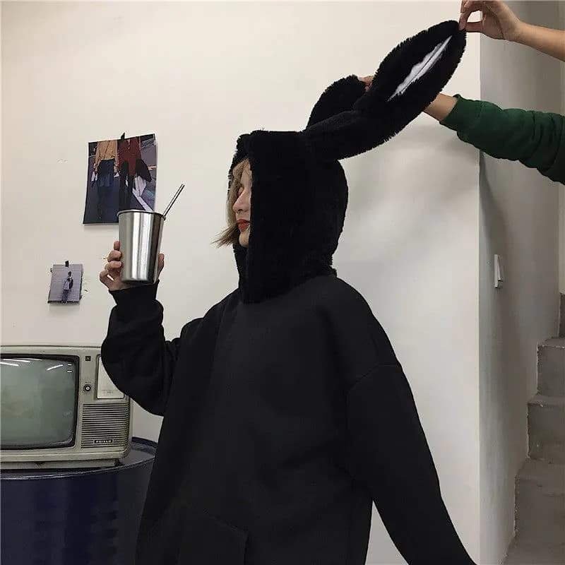 image-Real shot Korean ins kawaii rabbit fur hooded plus velvet loose black sweater
