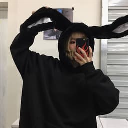image-Real shot Korean ins kawaii rabbit fur hooded plus velvet loose black sweater